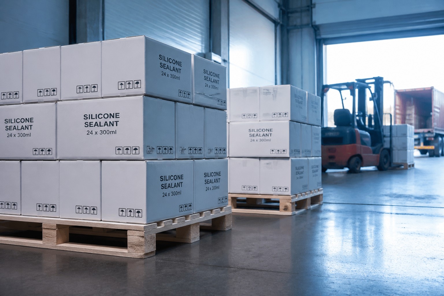 Sealant cartons palletized for international shipping