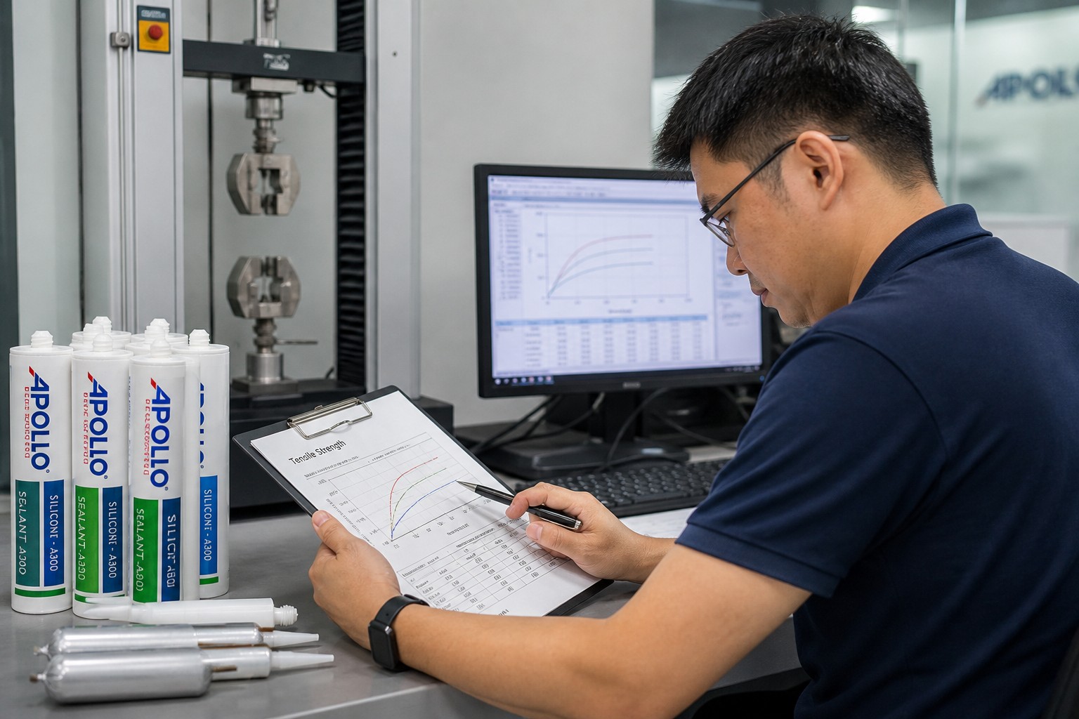 Quality control engineer reviewing sealant test data