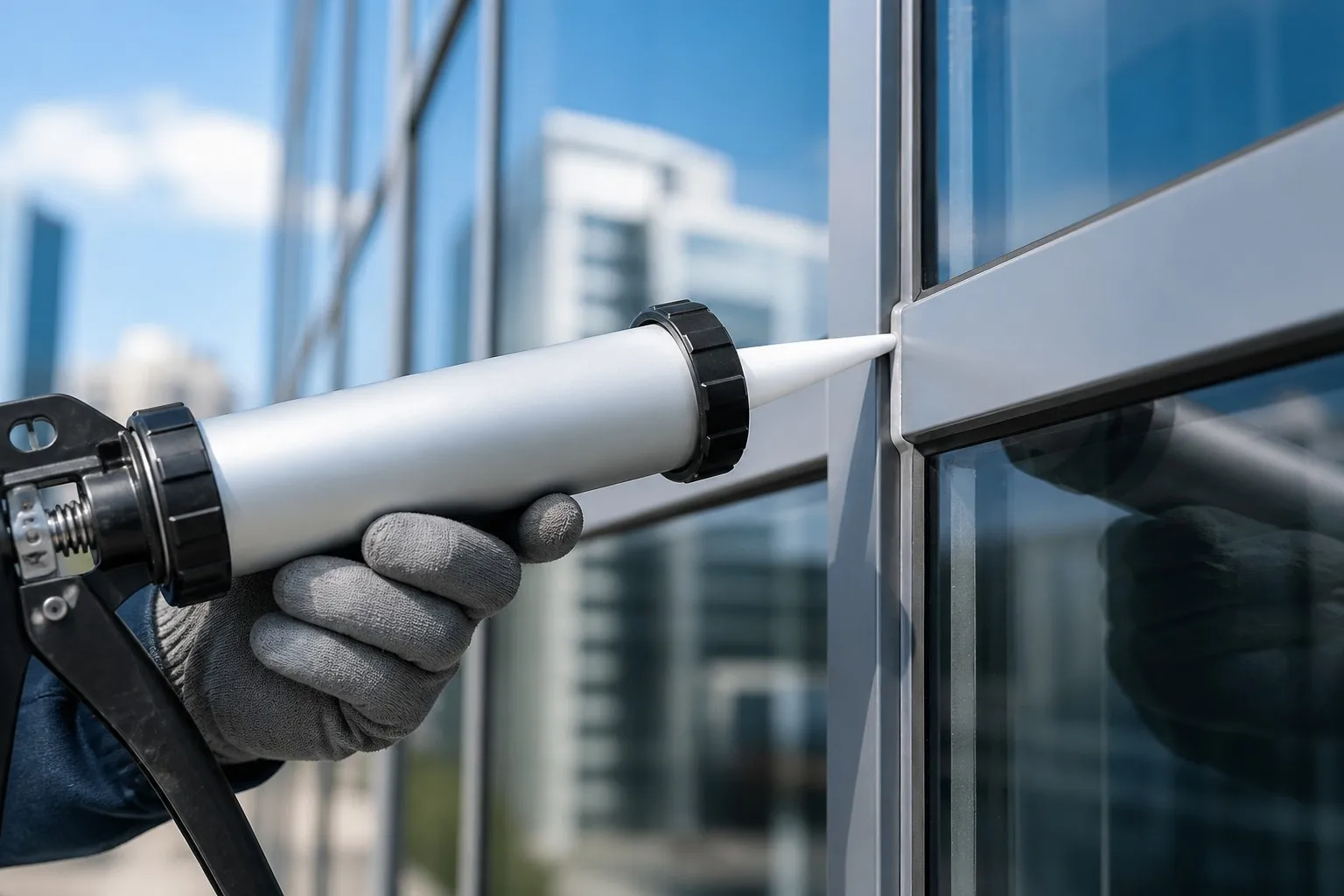 Applying fresh structural sealant to curtain wall joint