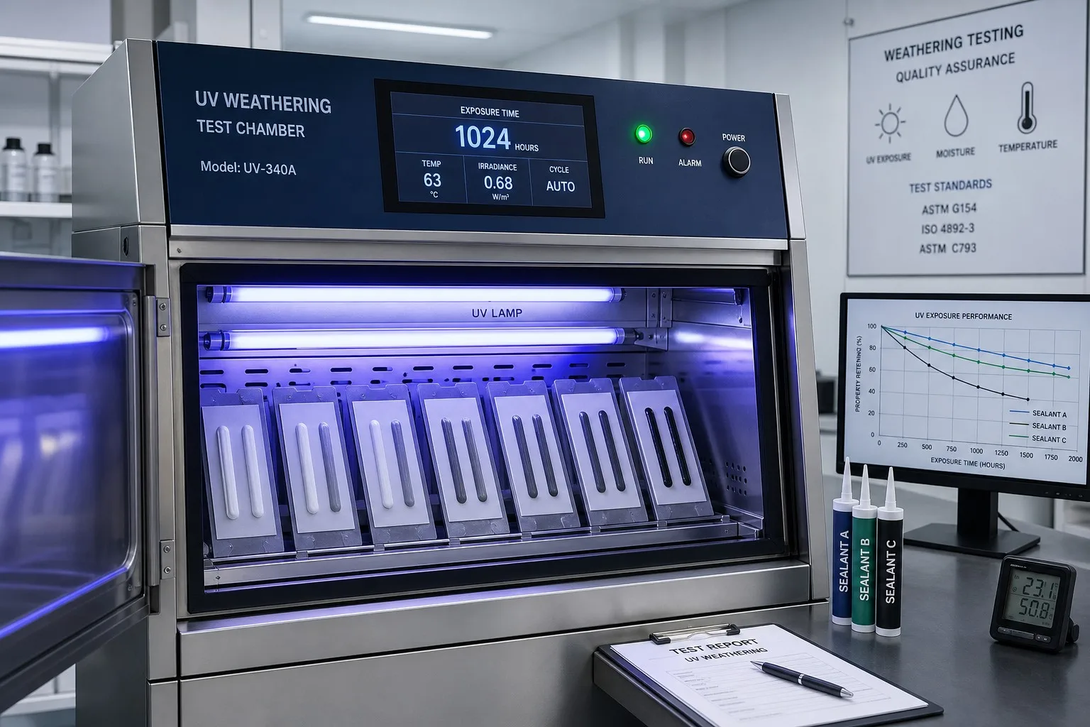 UV weathering test chamber for sealant samples