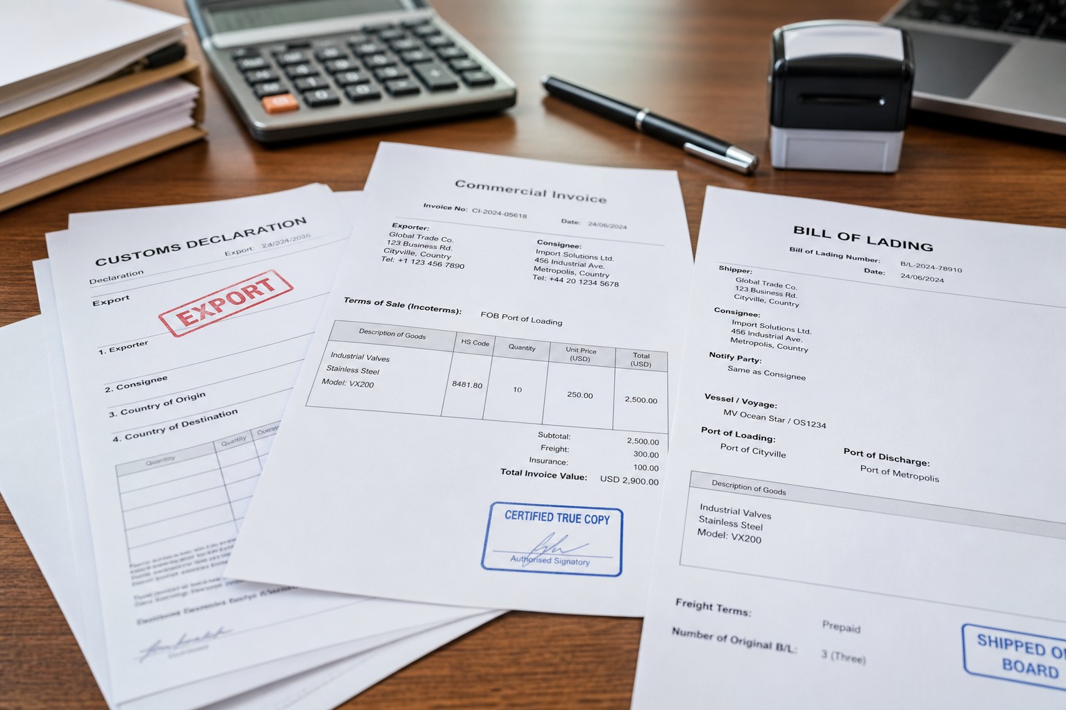 Customs documents and shipping paperwork for sealant import