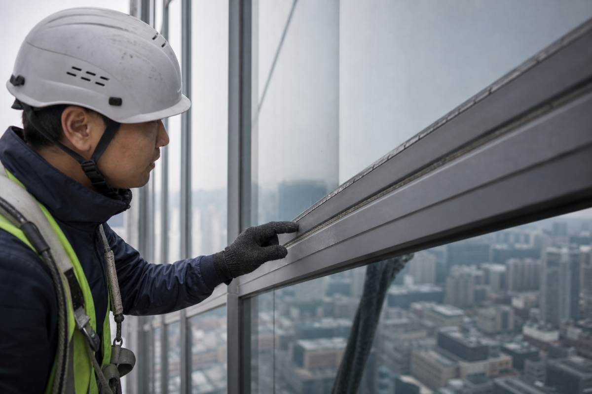 Technician inspecting an aged sealant joint on a curtain wall facade