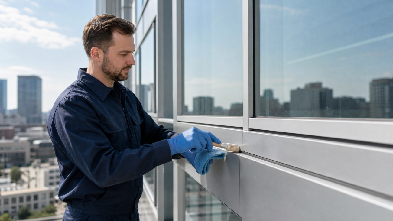 Technician in gloves cleaning a cured silicone sealant joint along an aluminium curtain wall mullion with a brush and cloth