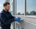 Technician in gloves cleaning a cured silicone sealant joint along an aluminium curtain wall mullion with a brush and cloth
