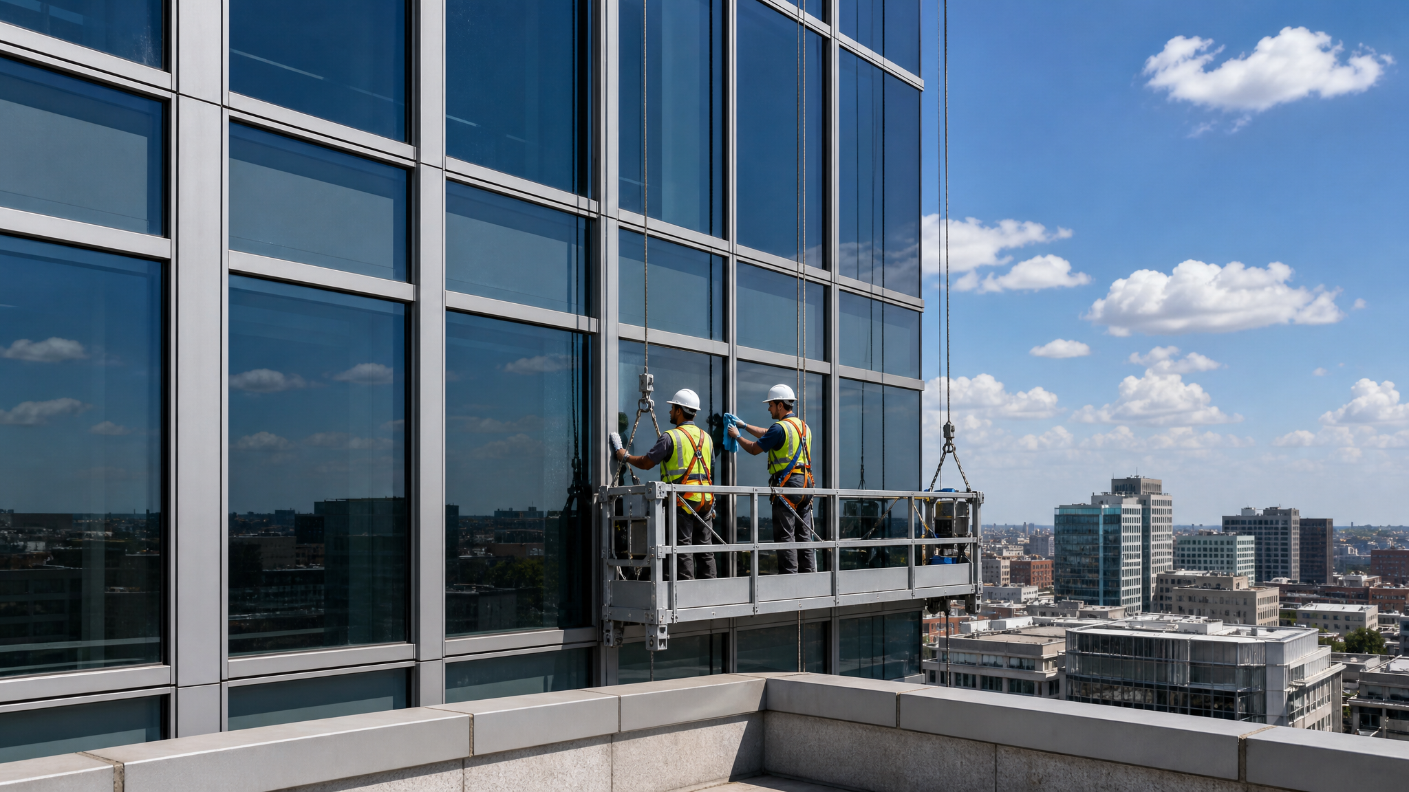 Two technicians on a suspended platform cleaning sealant joints on a glass curtain wall facade