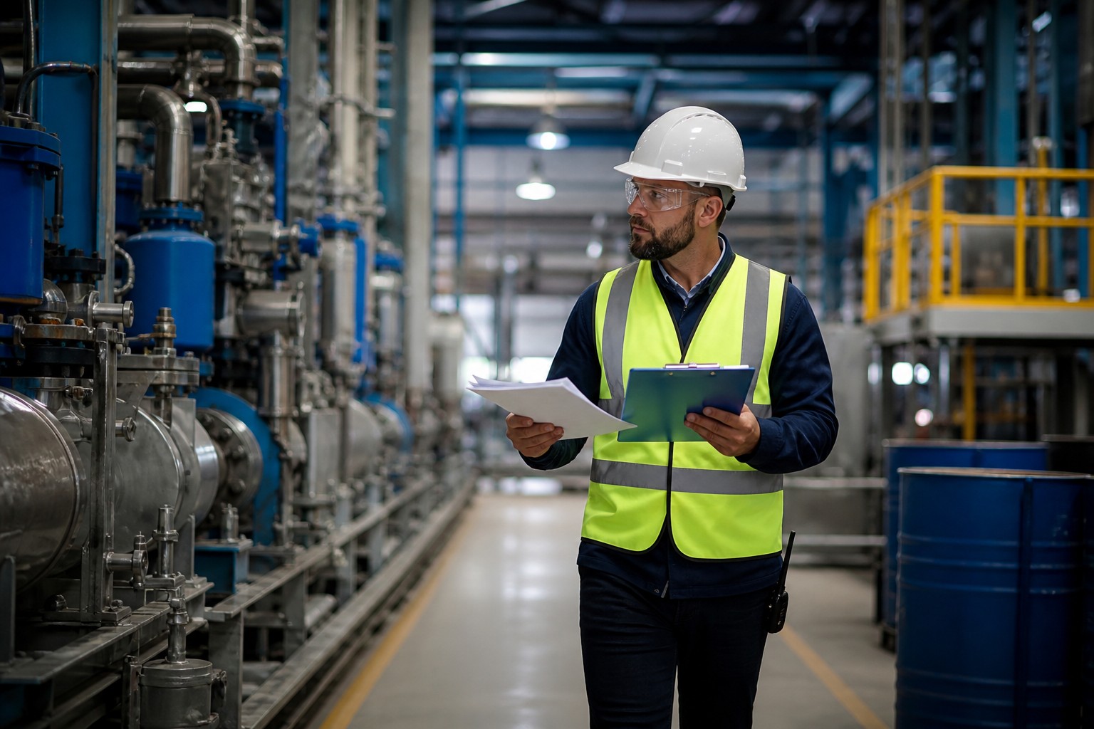 auditor reviewing documents on clipboard at chemical factory production line