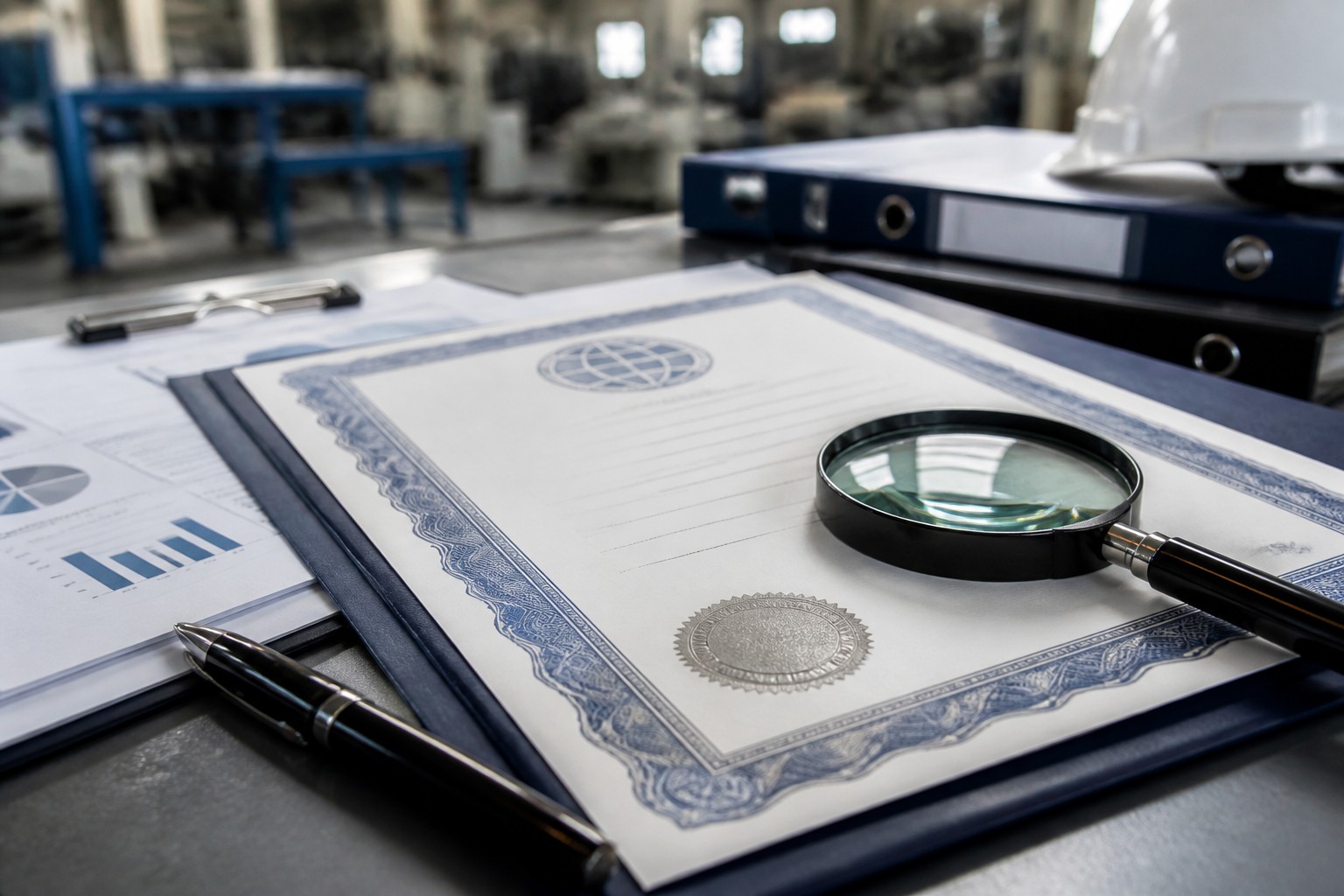 ISO certification documents examined with magnifying glass during factory audit