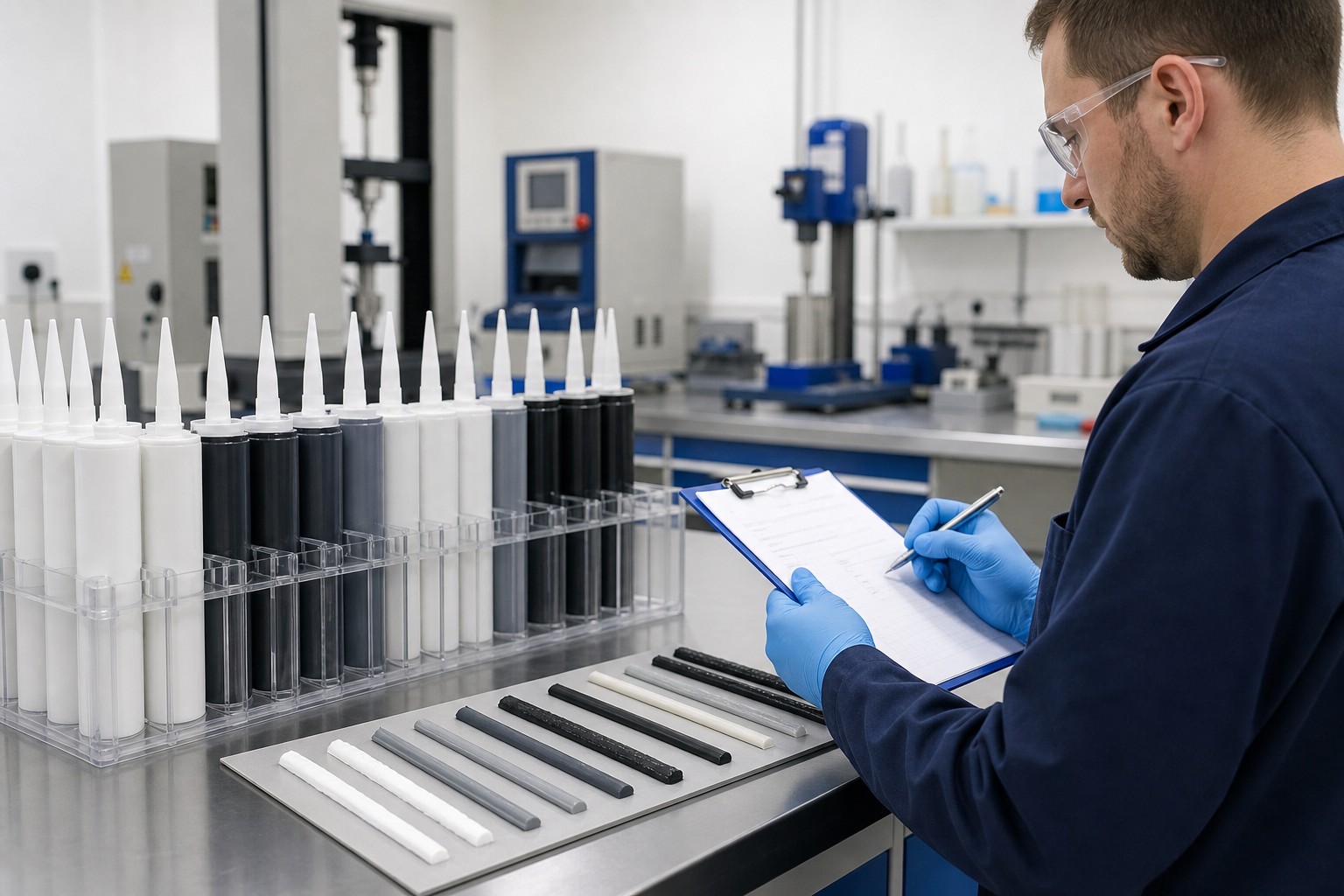 quality control lab technician recording sealant batch test data