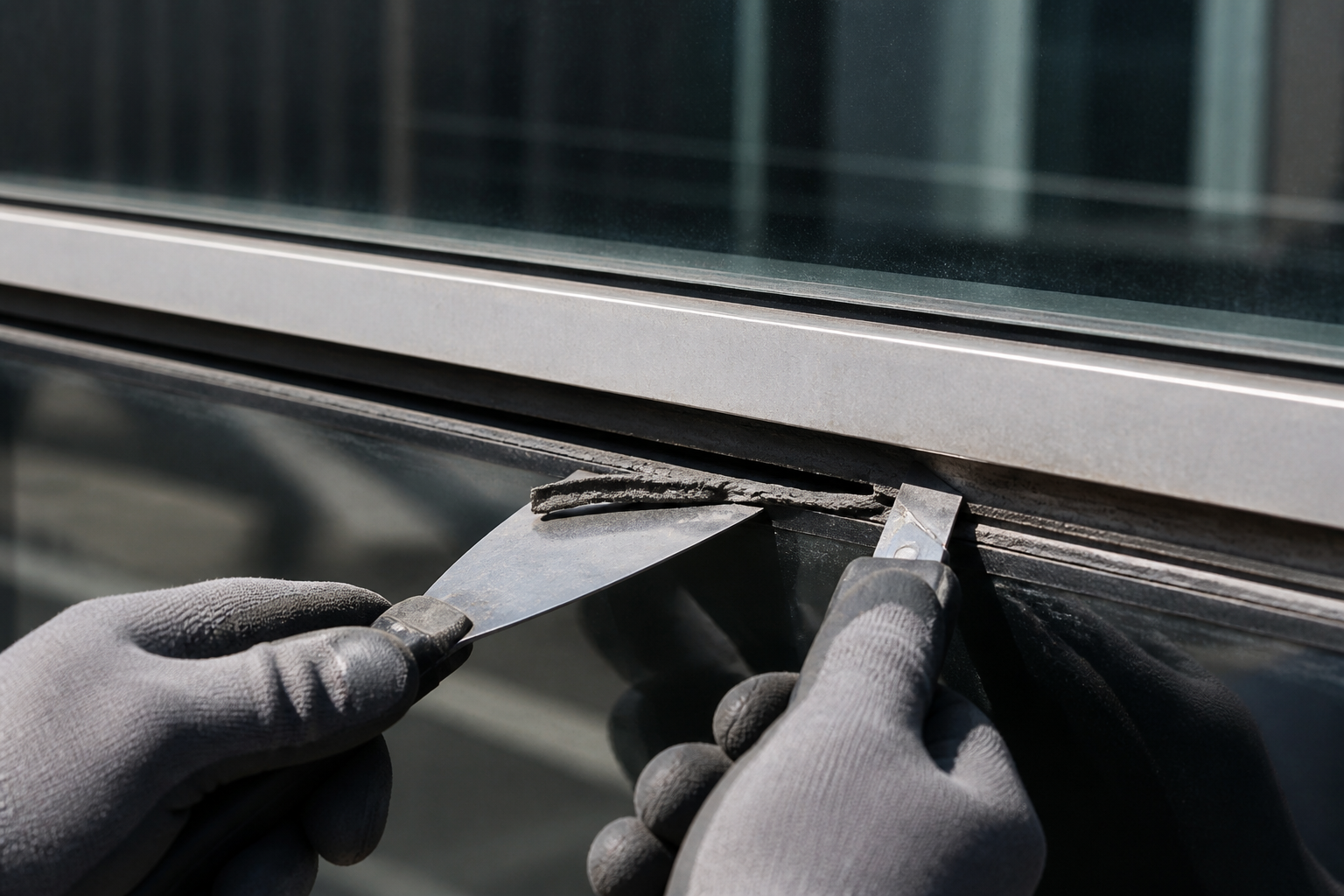 Removing cured silicone sealant from a curtain wall glazing joint