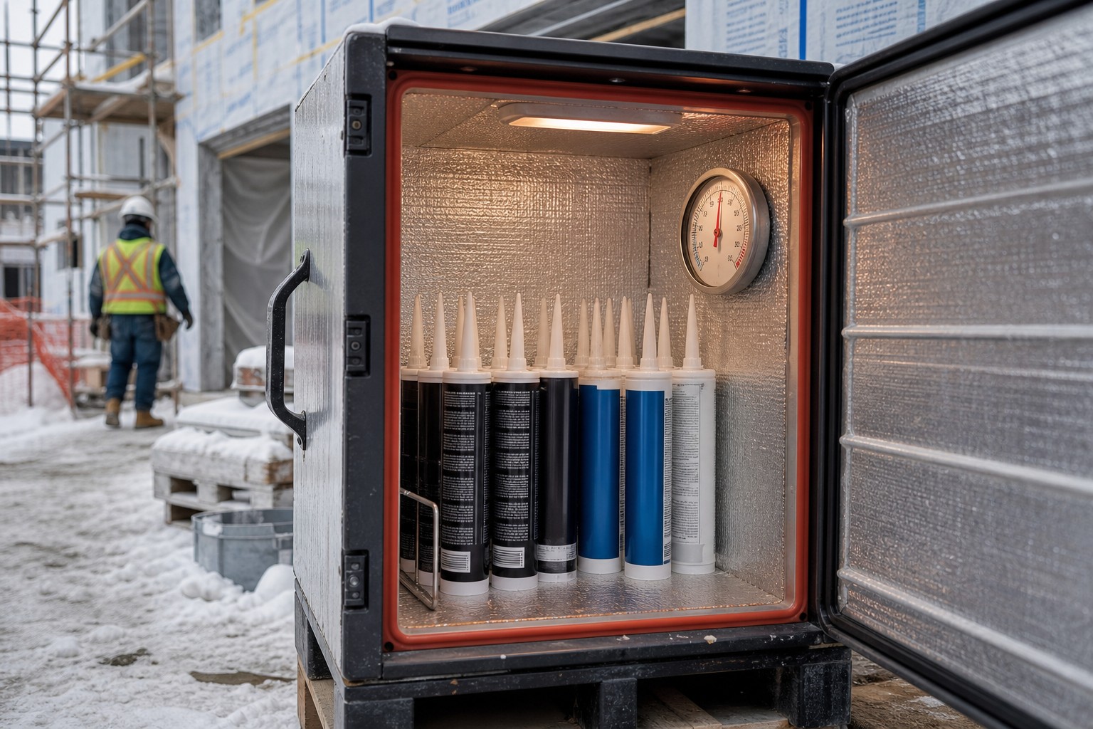 sealant cartridges in insulated warming cabinet on cold site